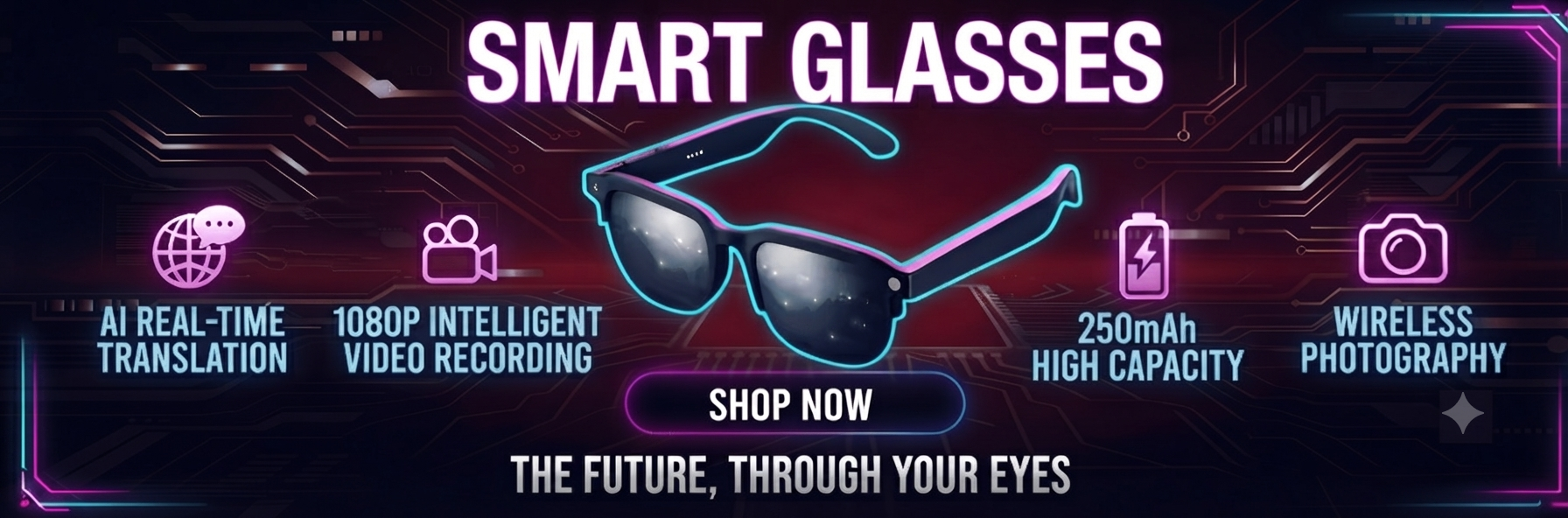 AI Smart Glasses — real-time translation, 1080p recording, wireless photography